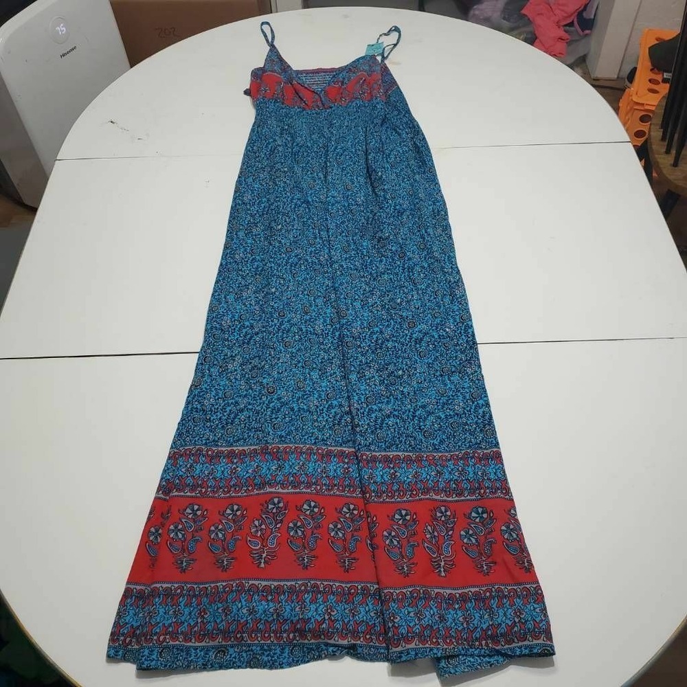 Ceres Womens Shift Dress Blue Floral Smocked V Neck Spaghetti Strap Cotton S